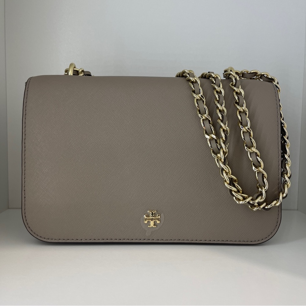 NWT Tory Burch Grey Saffiano Leather Emerson Adjustable Shoulder Chain Strap Bag